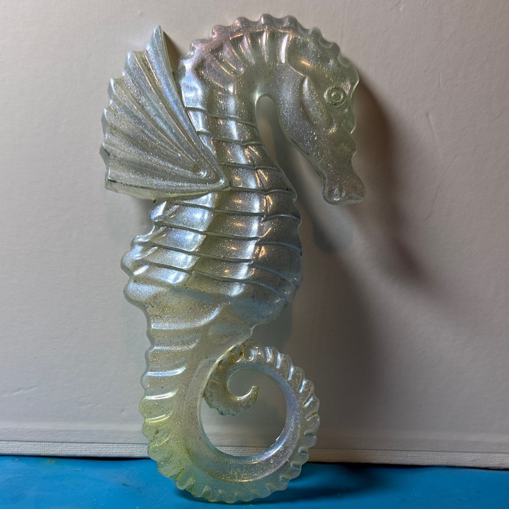 Unique Resin Shimmering Silver Seahorse Sculpture